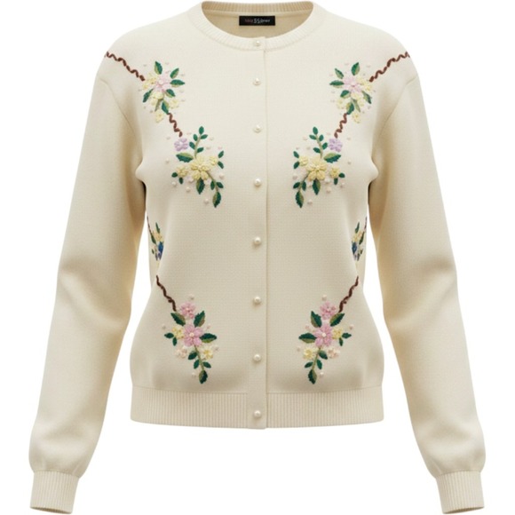 Lizette Sweaters - Lizette Italy VTG Cardigan L Pearl‎ Angora Wool Floral Embroidered Feminine 80's